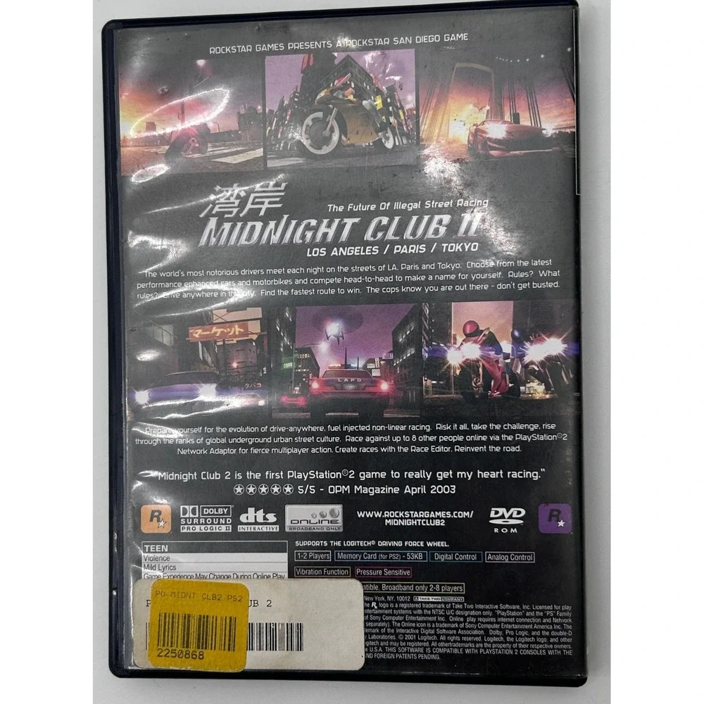 Midnight Club II 2 Sony PlayStation 2 PS2 Rockstar Games Racing SLUS-20209